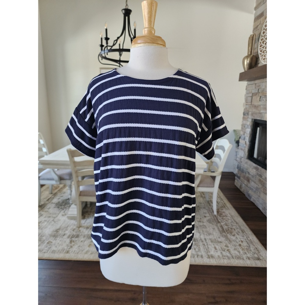 Talbots Petites Navy White Striped Knit Pullover‎ Top Short Sleeve Women Size LP